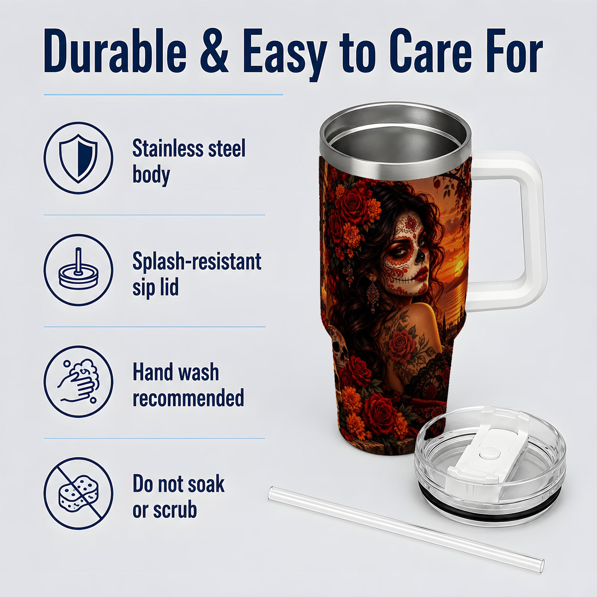 Sunset Sugar Skull Woman 40oz Tumbler, Stainless Steel Gothic Art