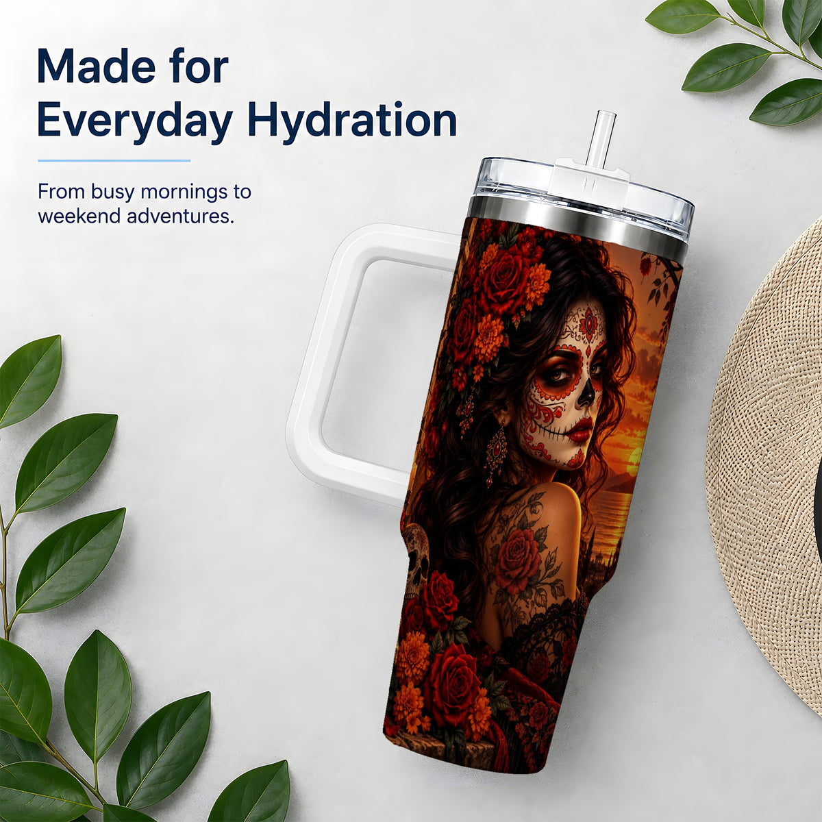 Sunset Sugar Skull Woman 40oz Tumbler, Stainless Steel Gothic Art