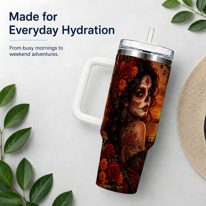 Sunset Sugar Skull Woman 40oz Tumbler, Stainless Steel Gothic Art