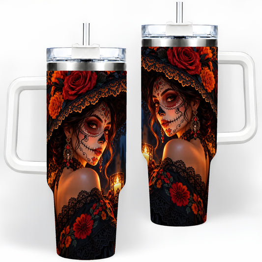 Candlelit Sugar Skull Woman 40oz Tumbler, Stainless Steel Gothic Art