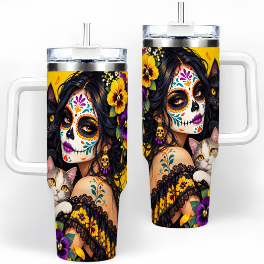 Sugar Skull Woman and Cats 40oz Tumbler, Yellow Pansy Floral Artwork