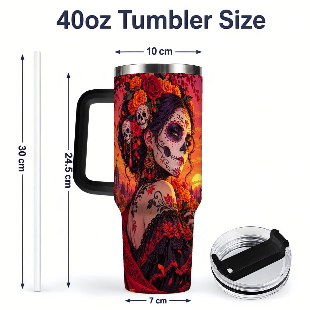 #pl[40oz|Black] Cemetery Sugar Skull Woman 40oz Tumbler, Gothic Sunset Floral Art