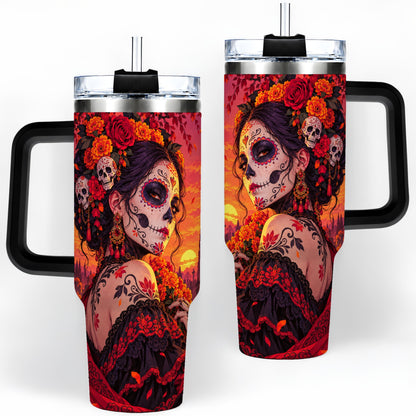 #pl[40oz|Black] Cemetery Sugar Skull Woman 40oz Tumbler, Gothic Sunset Floral Art