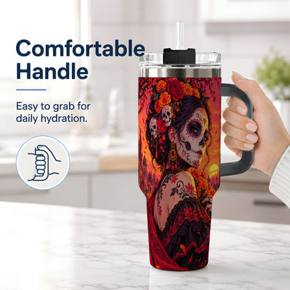 #pl[40oz|Black] Cemetery Sugar Skull Woman 40oz Tumbler, Gothic Sunset Floral Art