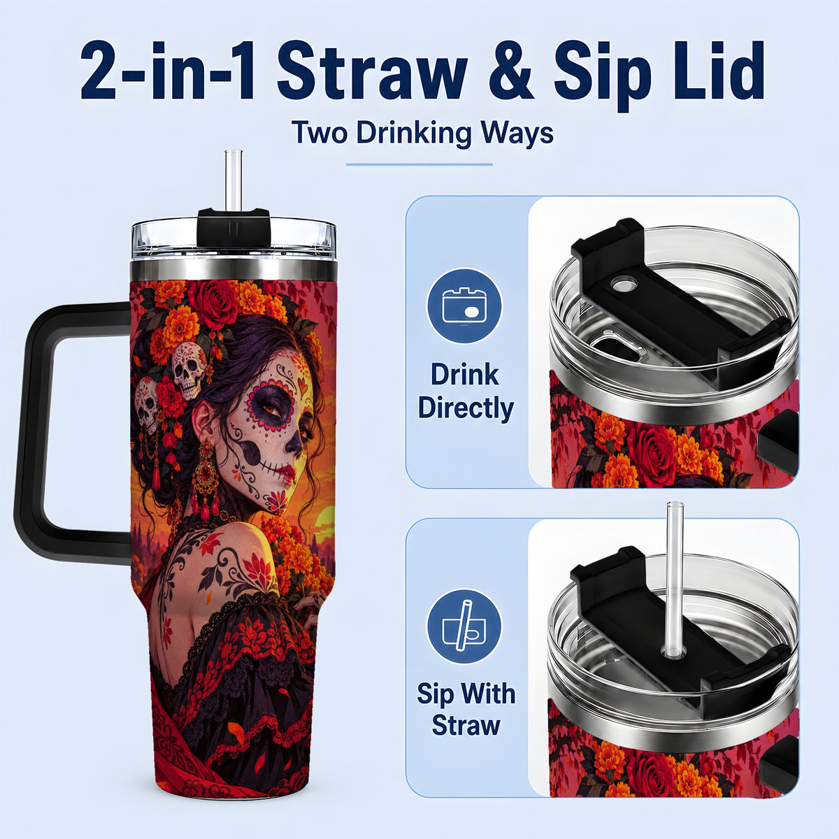 #pl[40oz|Black] Cemetery Sugar Skull Woman 40oz Tumbler, Gothic Sunset Floral Art