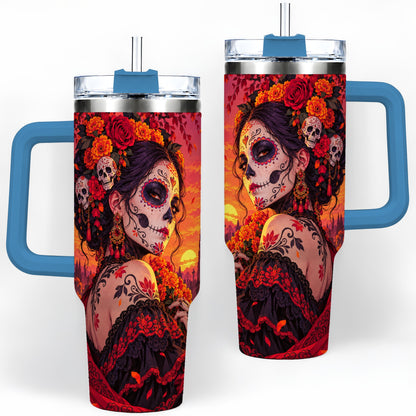 #pl[40oz|Blue] Cemetery Sugar Skull Woman 40oz Tumbler, Gothic Sunset Floral Art