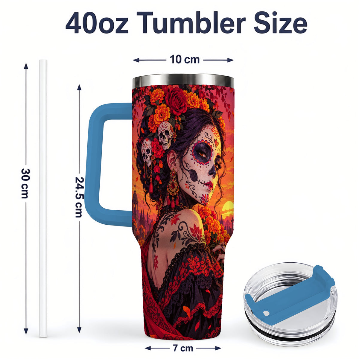 #pl[40oz|Blue] Cemetery Sugar Skull Woman 40oz Tumbler, Gothic Sunset Floral Art