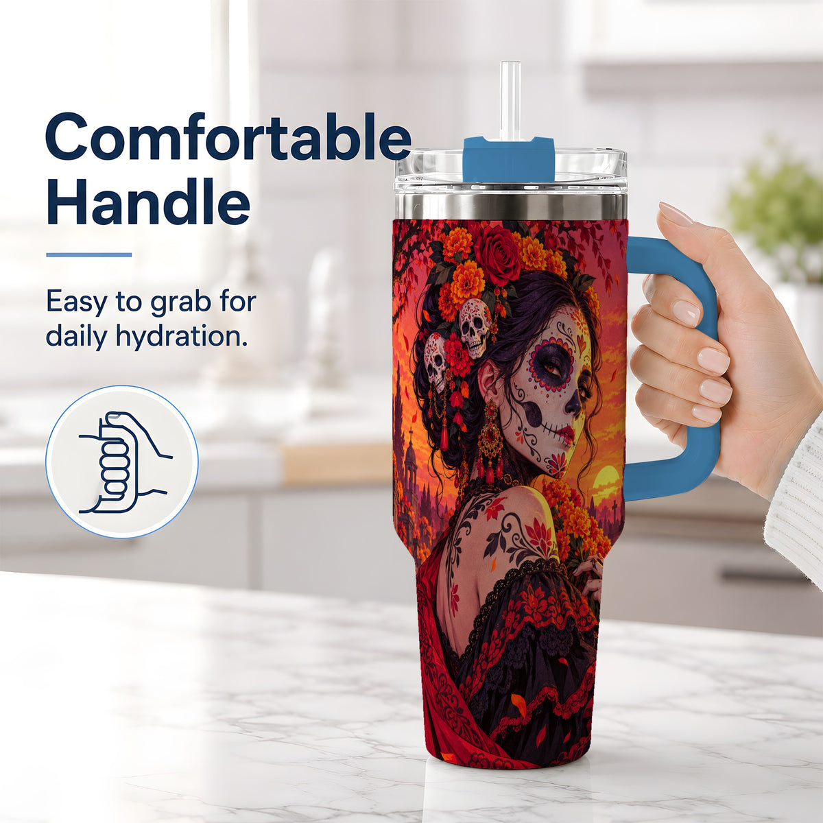 #pl[40oz|Blue] Cemetery Sugar Skull Woman 40oz Tumbler, Gothic Sunset Floral Art