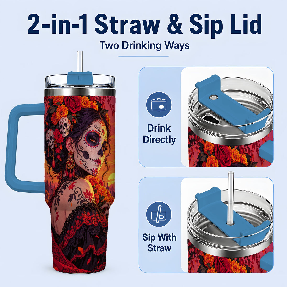 #pl[40oz|Blue] Cemetery Sugar Skull Woman 40oz Tumbler, Gothic Sunset Floral Art