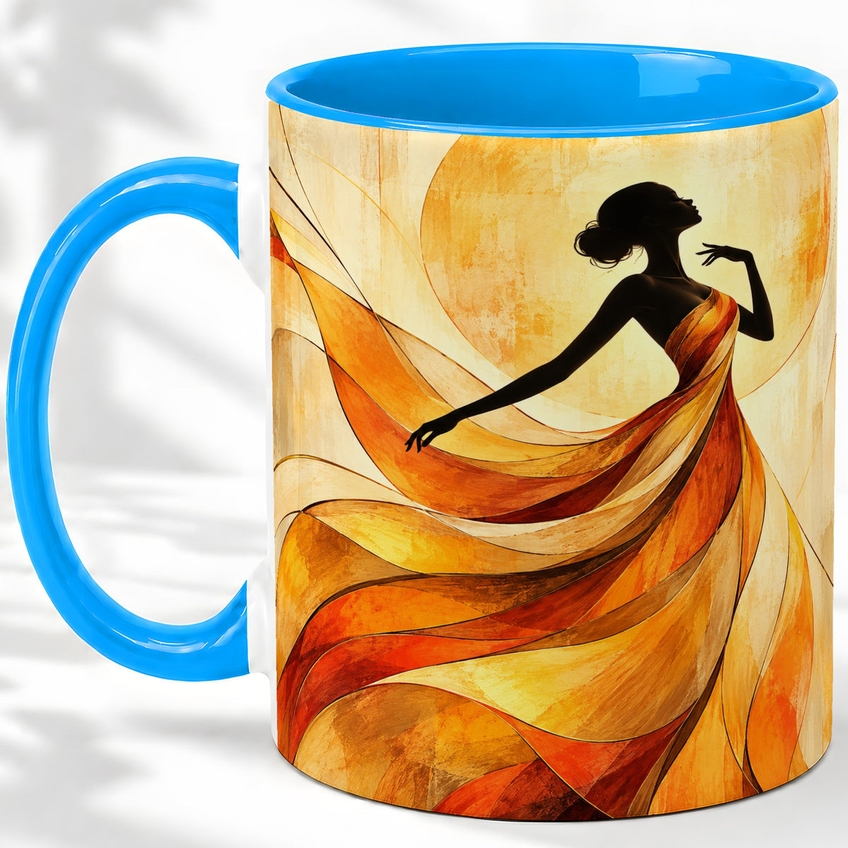 #pl[11oz|Blue] Abstract Woman Accent Mug with Flowing Orange Dress Art for Coffee