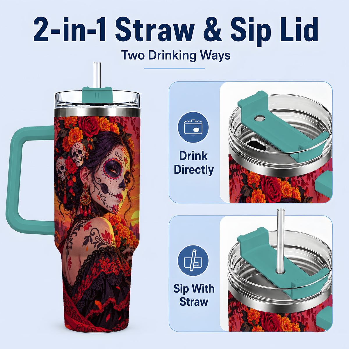 #pl[40oz|Green] Cemetery Sugar Skull Woman 40oz Tumbler, Gothic Sunset Floral Art