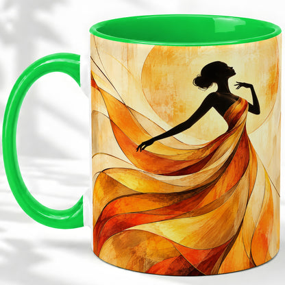 #pl[11oz|Green] Abstract Woman Accent Mug with Flowing Orange Dress Art for Coffee
