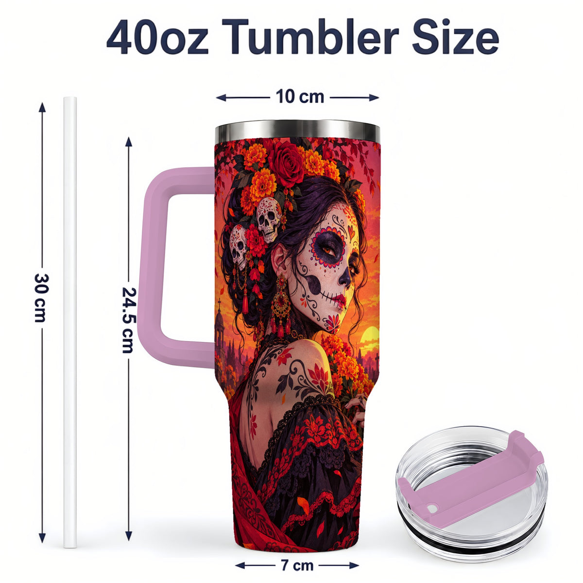 #pl[40oz|Pink] Cemetery Sugar Skull Woman 40oz Tumbler, Gothic Sunset Floral Art