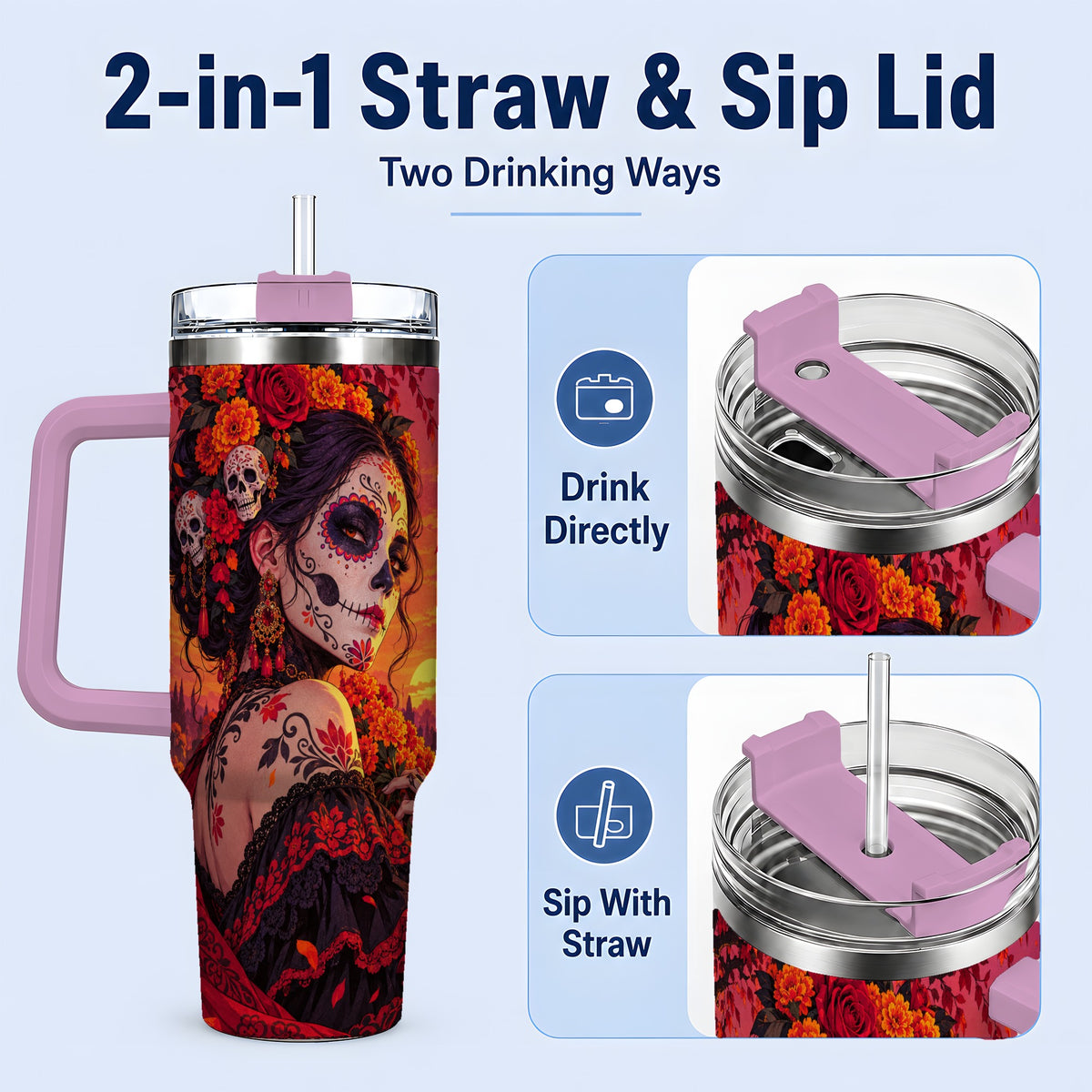 #pl[40oz|Pink] Cemetery Sugar Skull Woman 40oz Tumbler, Gothic Sunset Floral Art