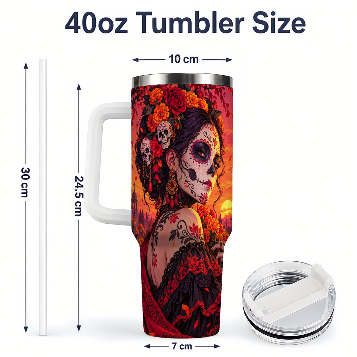 #pl[40oz|White] Cemetery Sugar Skull Woman 40oz Tumbler, Gothic Sunset Floral Art