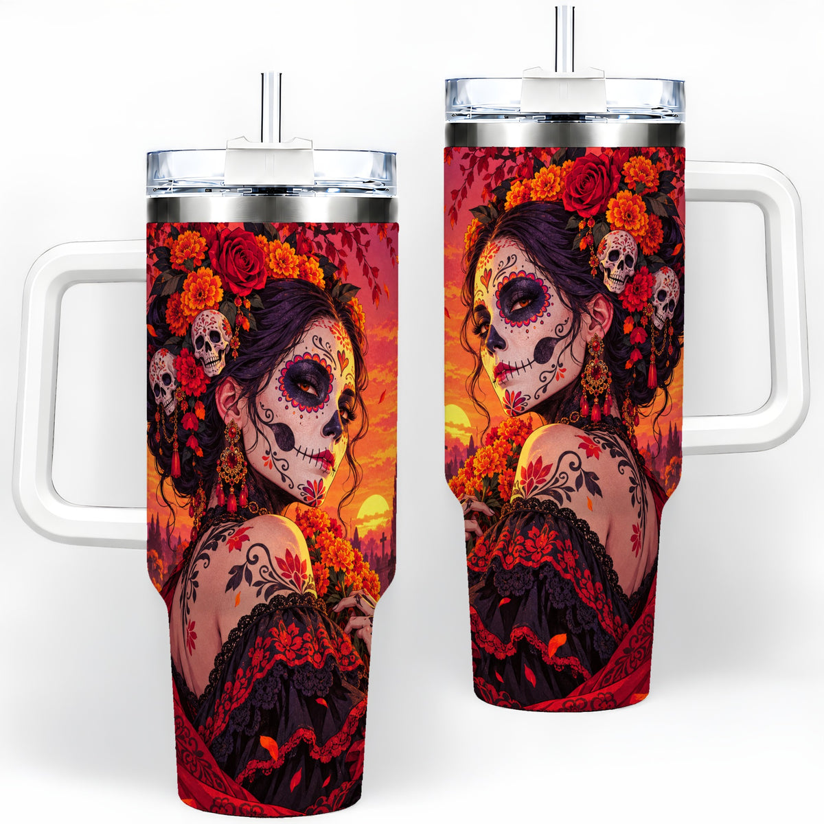Cemetery Sugar Skull Woman 40oz Tumbler, Gothic Sunset Floral Art