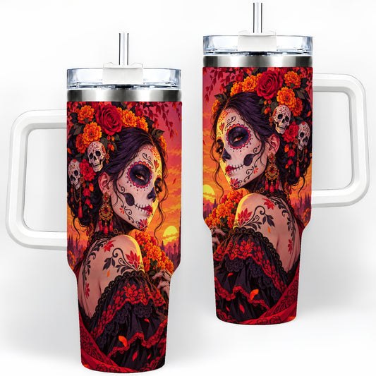 Cemetery Sugar Skull Woman 40oz Tumbler, Gothic Sunset Floral Art