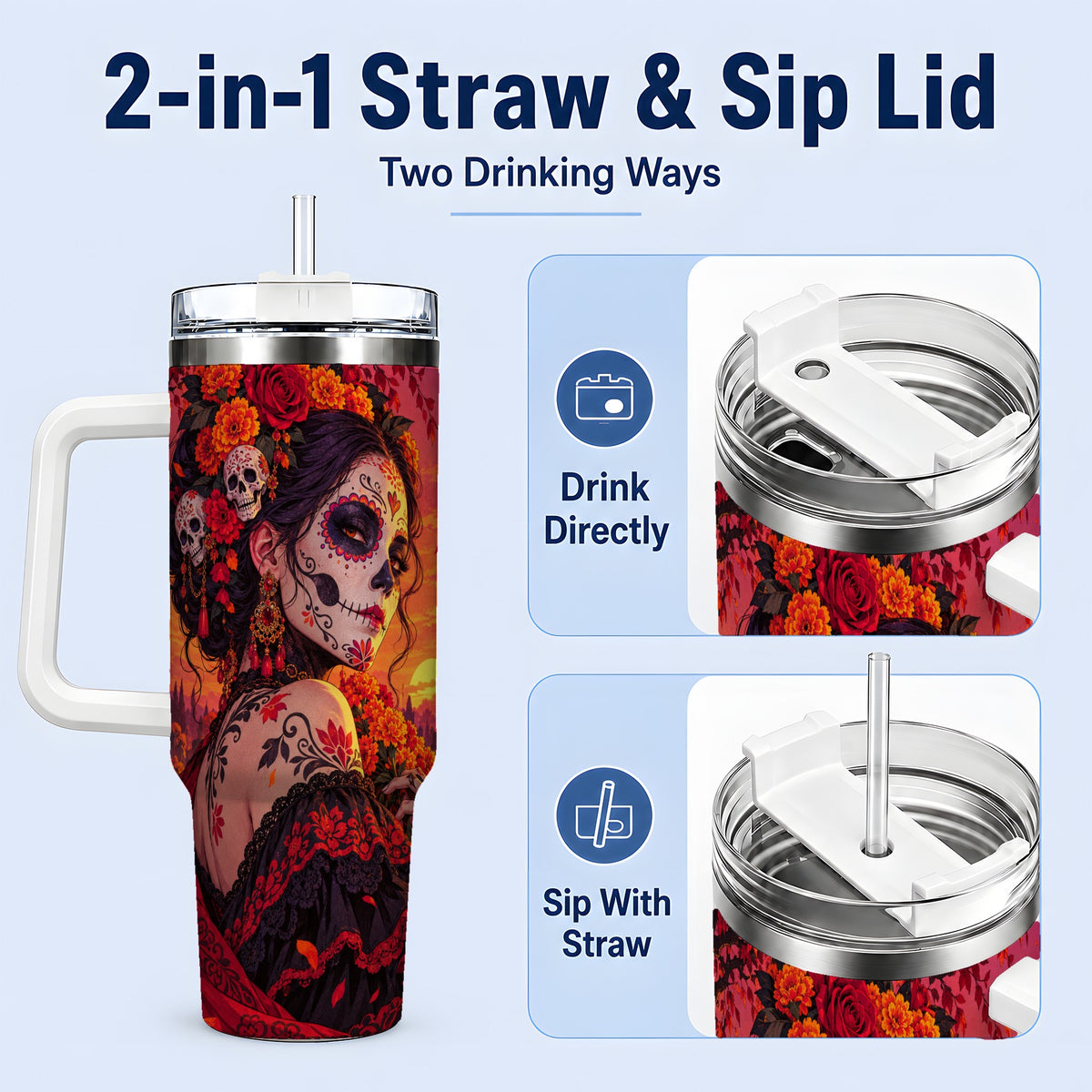 #pl[40oz|White] Cemetery Sugar Skull Woman 40oz Tumbler, Gothic Sunset Floral Art