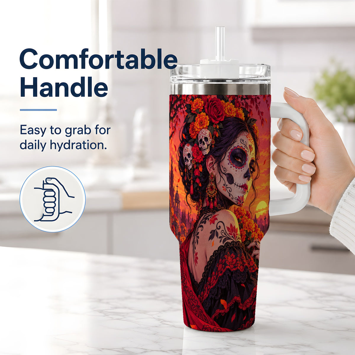 #pl[40oz|White] Cemetery Sugar Skull Woman 40oz Tumbler, Gothic Sunset Floral Art
