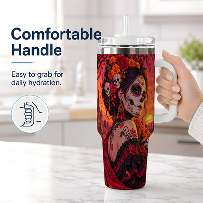 #pl[40oz|White] Cemetery Sugar Skull Woman 40oz Tumbler, Gothic Sunset Floral Art