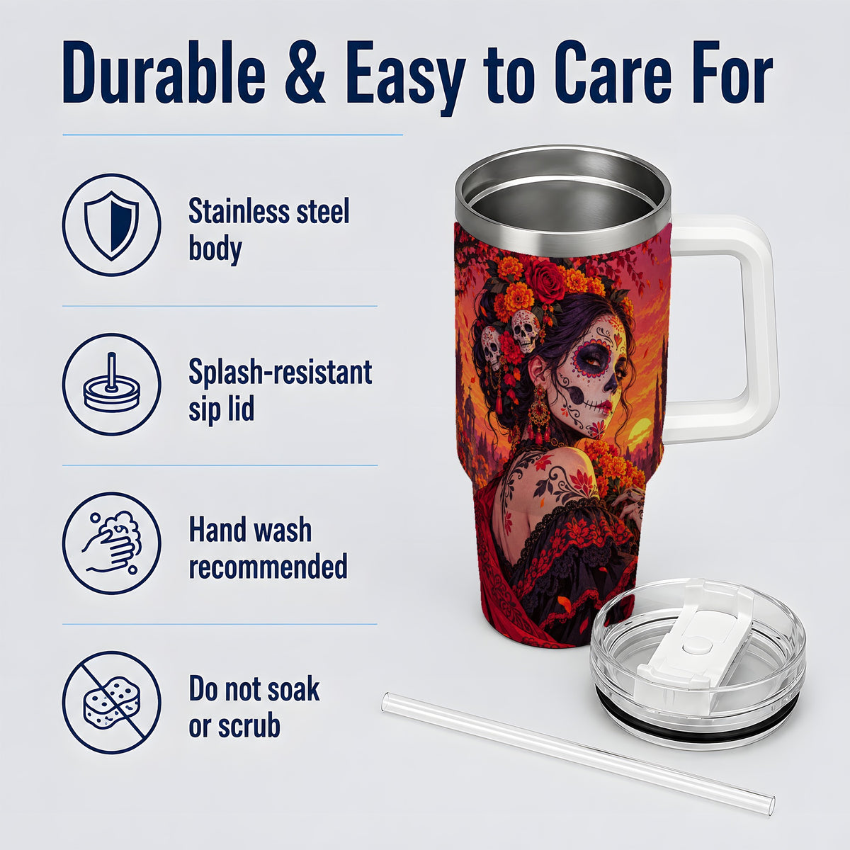 Cemetery Sugar Skull Woman 40oz Tumbler, Gothic Sunset Floral Art