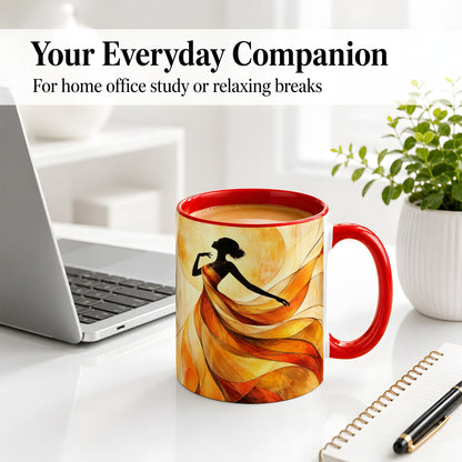 #pl[11oz|Red] Abstract Woman Accent Mug with Flowing Orange Dress Art for Coffee