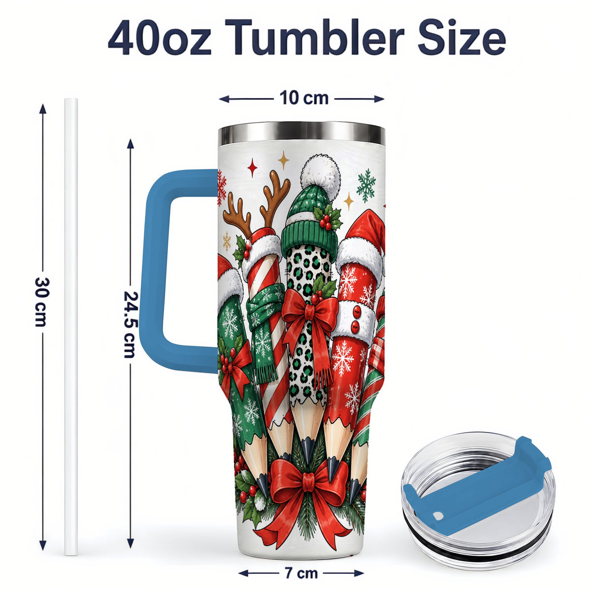 #pl[40oz|Blue] Christmas Pencil 40oz Tumbler, Stainless Steel Drinkware for Classroom Use