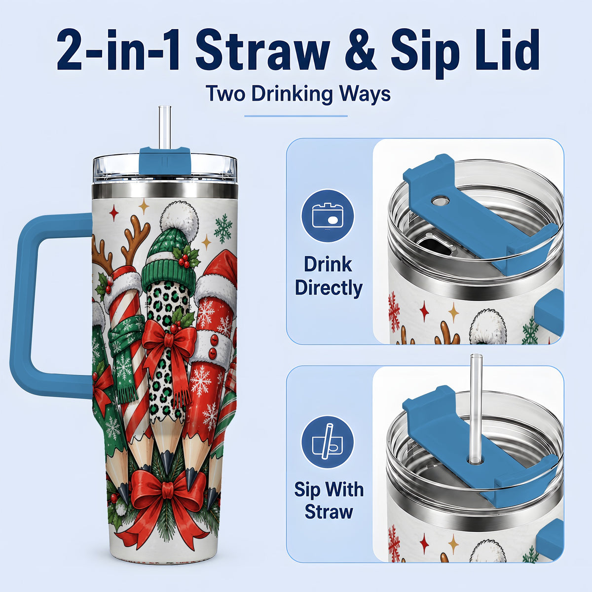 #pl[40oz|Blue] Christmas Pencil 40oz Tumbler, Stainless Steel Drinkware for Classroom Use