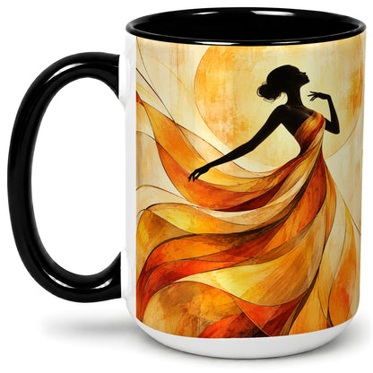 #pl[15oz|Black] Abstract Woman Accent Mug with Flowing Orange Dress Art for Coffee