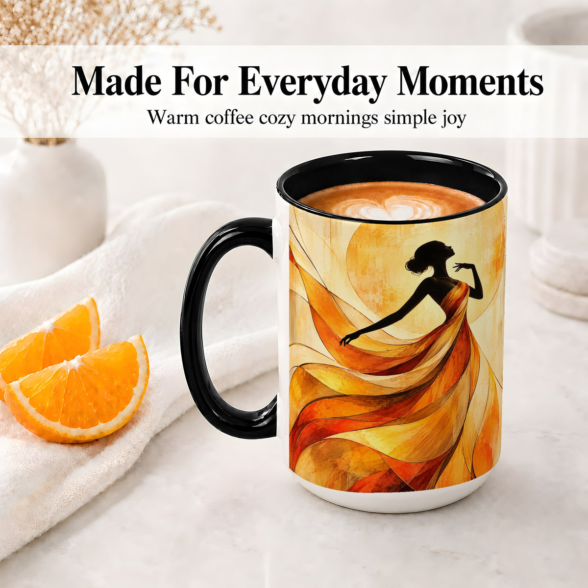 #pl[15oz|Black] Abstract Woman Accent Mug with Flowing Orange Dress Art for Coffee