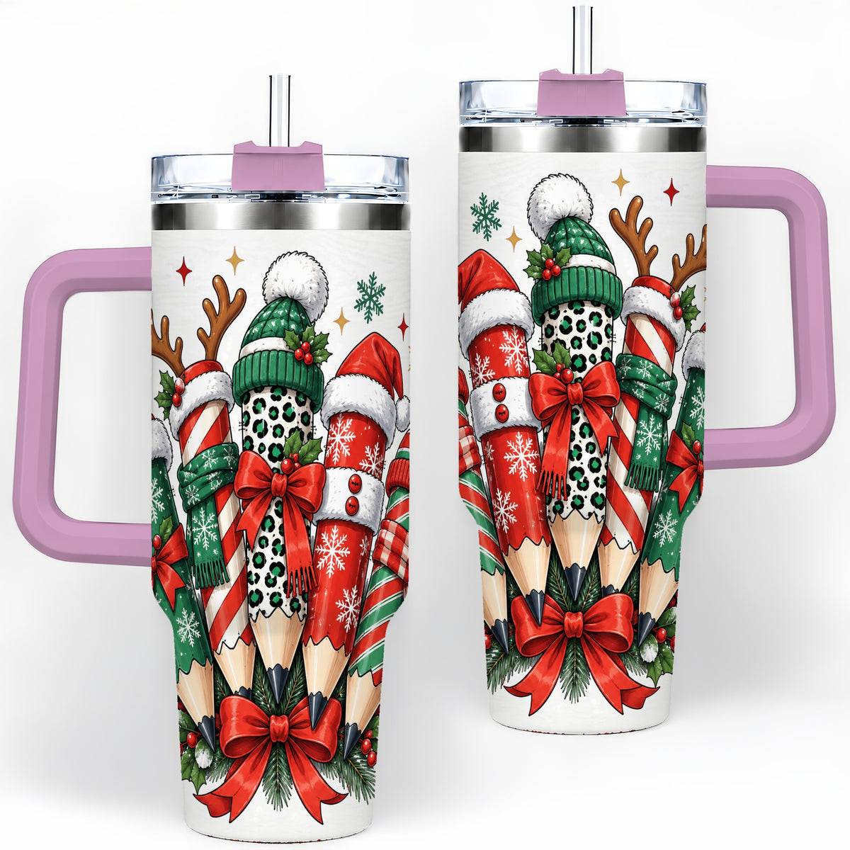 #pl[40oz|Pink] Christmas Pencil 40oz Tumbler, Stainless Steel Drinkware for Classroom Use