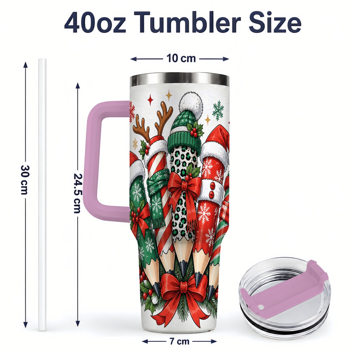 #pl[40oz|Pink] Christmas Pencil 40oz Tumbler, Stainless Steel Drinkware for Classroom Use