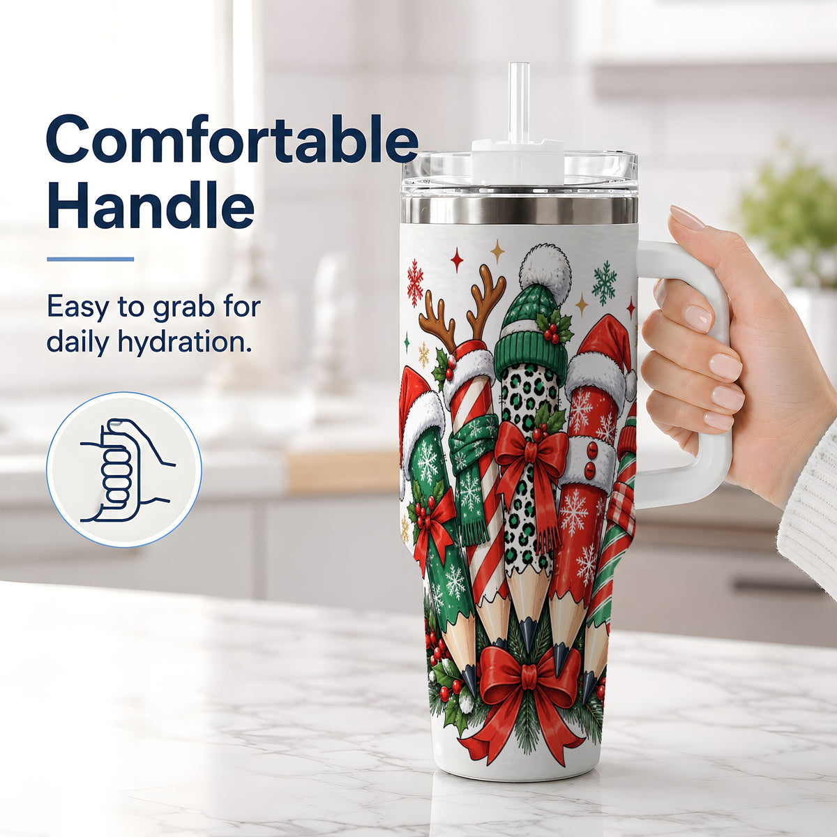 #pl[40oz|White] Christmas Pencil 40oz Tumbler, Stainless Steel Drinkware for Classroom Use