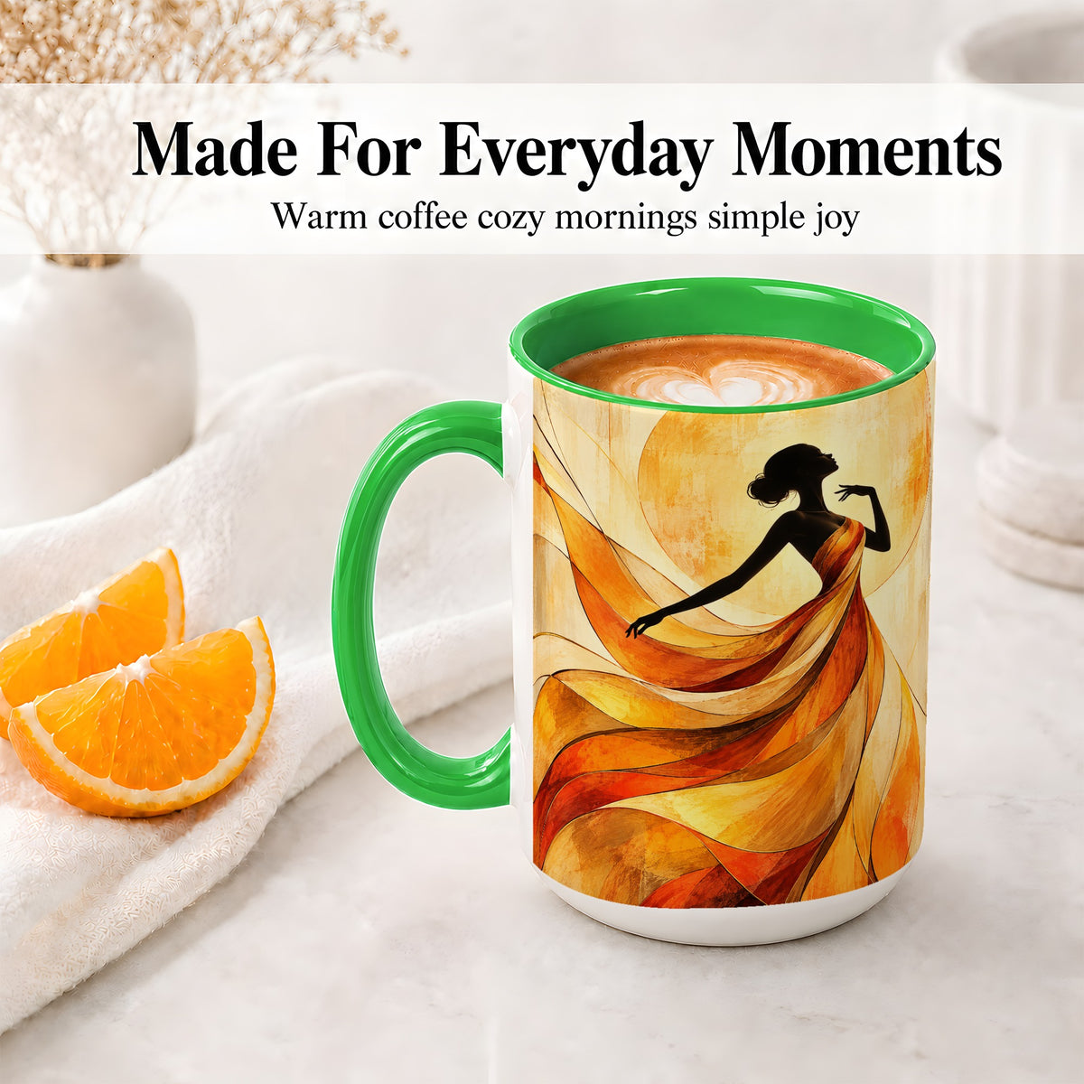 #pl[15oz|Green] Abstract Woman Accent Mug with Flowing Orange Dress Art for Coffee