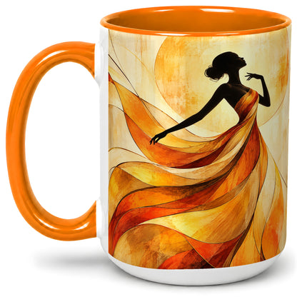 #pl[15oz|Orange] Abstract Woman Accent Mug with Flowing Orange Dress Art for Coffee
