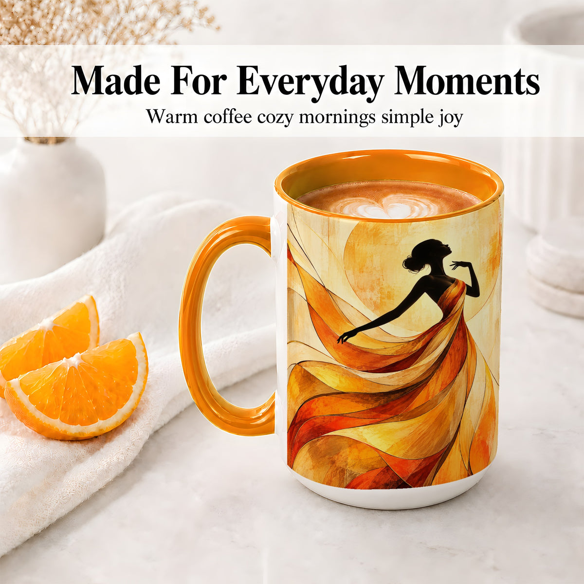 #pl[15oz|Orange] Abstract Woman Accent Mug with Flowing Orange Dress Art for Coffee