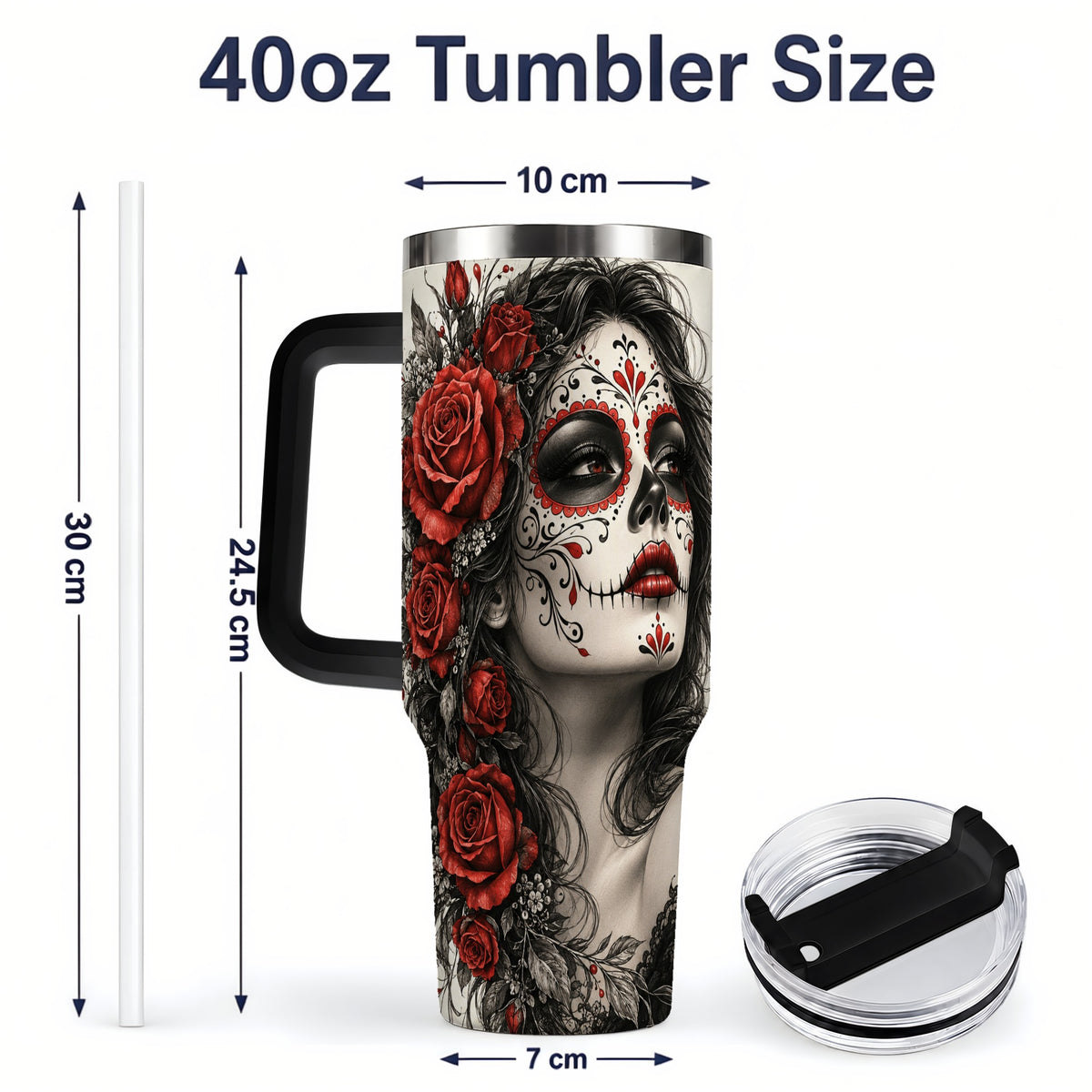 #pl[40oz|Black] Sugar Skull Rose 40oz Tumbler, Stainless Steel Drinkware for Daily Use