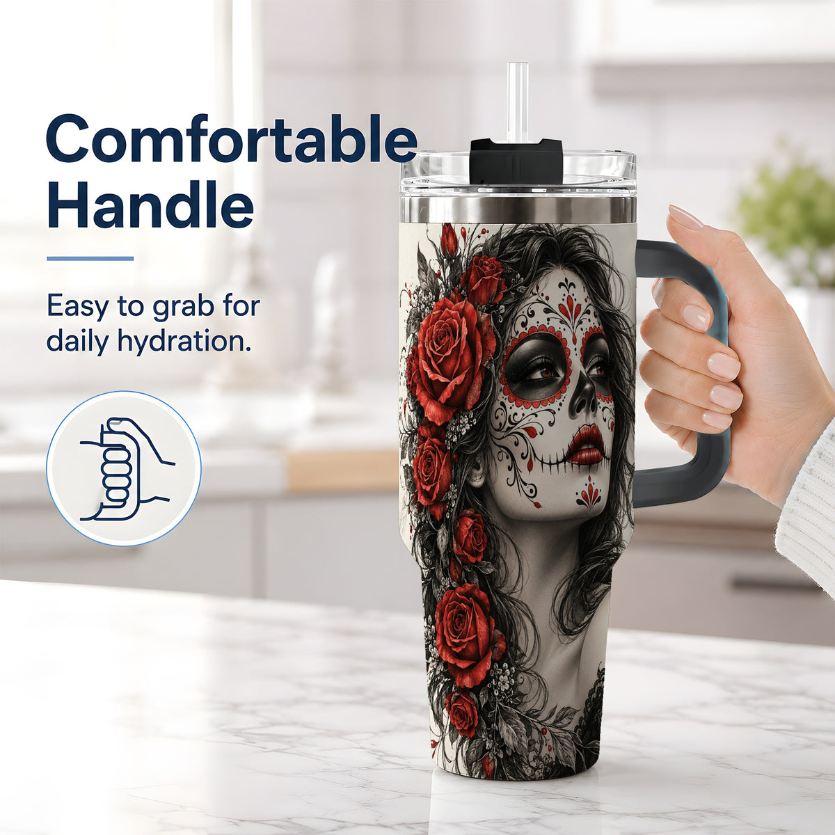 #pl[40oz|Black] Sugar Skull Rose 40oz Tumbler, Stainless Steel Drinkware for Daily Use