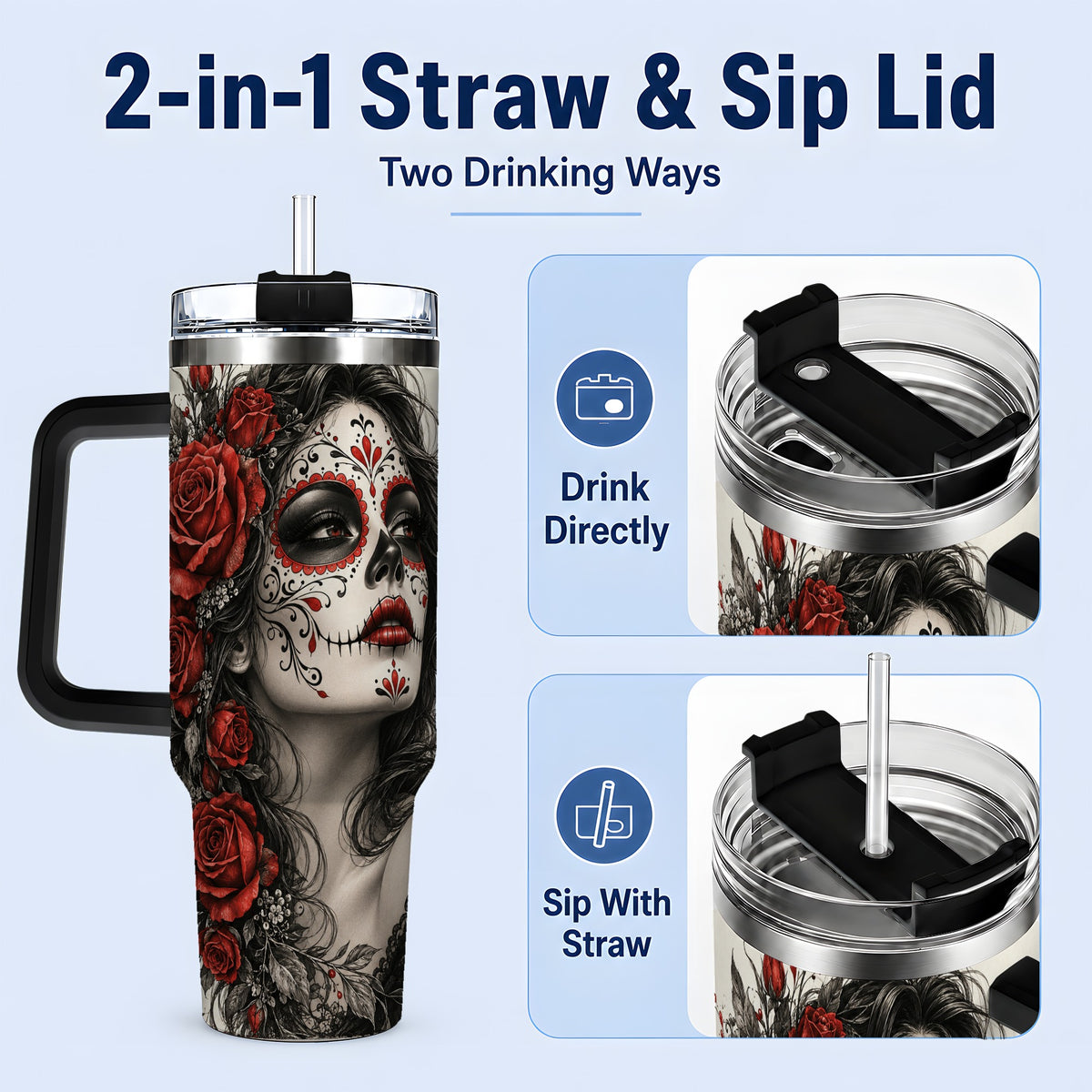 #pl[40oz|Black] Sugar Skull Rose 40oz Tumbler, Stainless Steel Drinkware for Daily Use