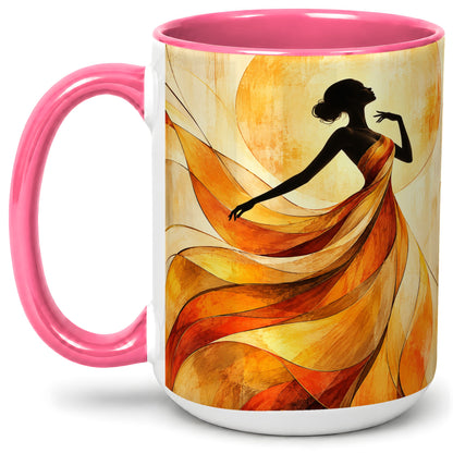 #pl[15oz|Pink] Abstract Woman Accent Mug with Flowing Orange Dress Art for Coffee
