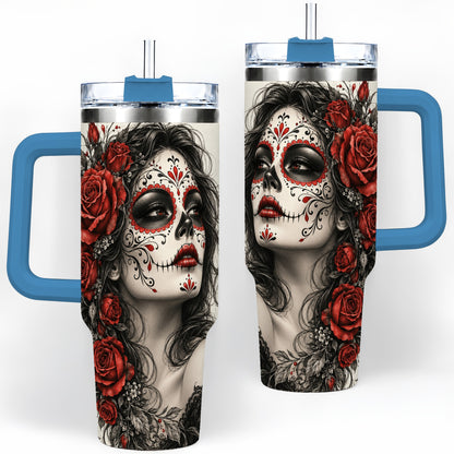 #pl[40oz|Blue] Sugar Skull Rose 40oz Tumbler, Stainless Steel Drinkware for Daily Use