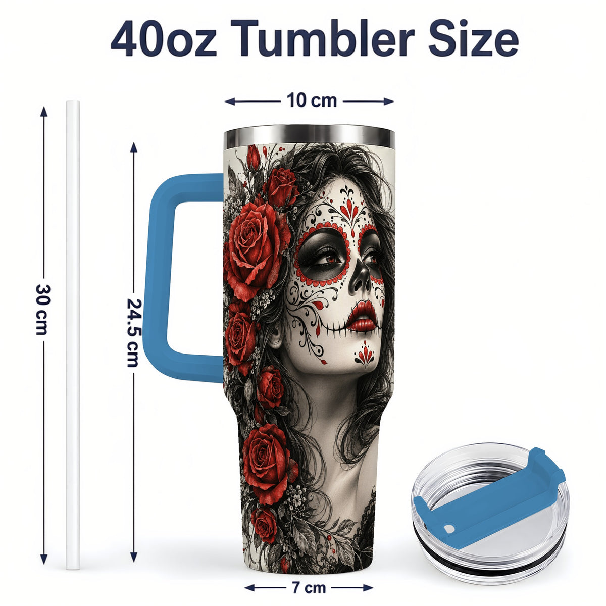 #pl[40oz|Blue] Sugar Skull Rose 40oz Tumbler, Stainless Steel Drinkware for Daily Use