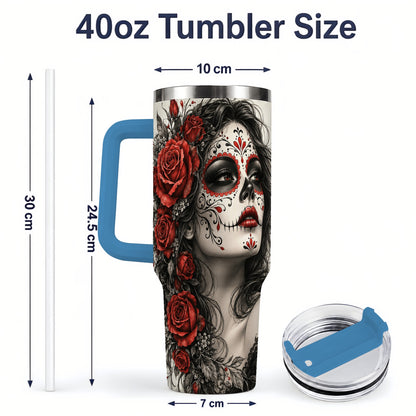 #pl[40oz|Blue] Sugar Skull Rose 40oz Tumbler, Stainless Steel Drinkware for Daily Use