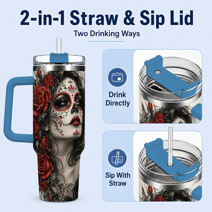 #pl[40oz|Blue] Sugar Skull Rose 40oz Tumbler, Stainless Steel Drinkware for Daily Use