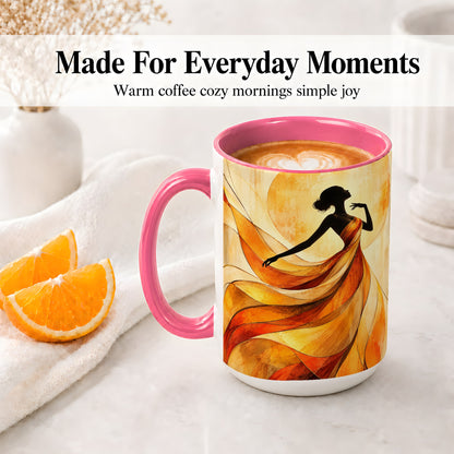 #pl[15oz|Pink] Abstract Woman Accent Mug with Flowing Orange Dress Art for Coffee