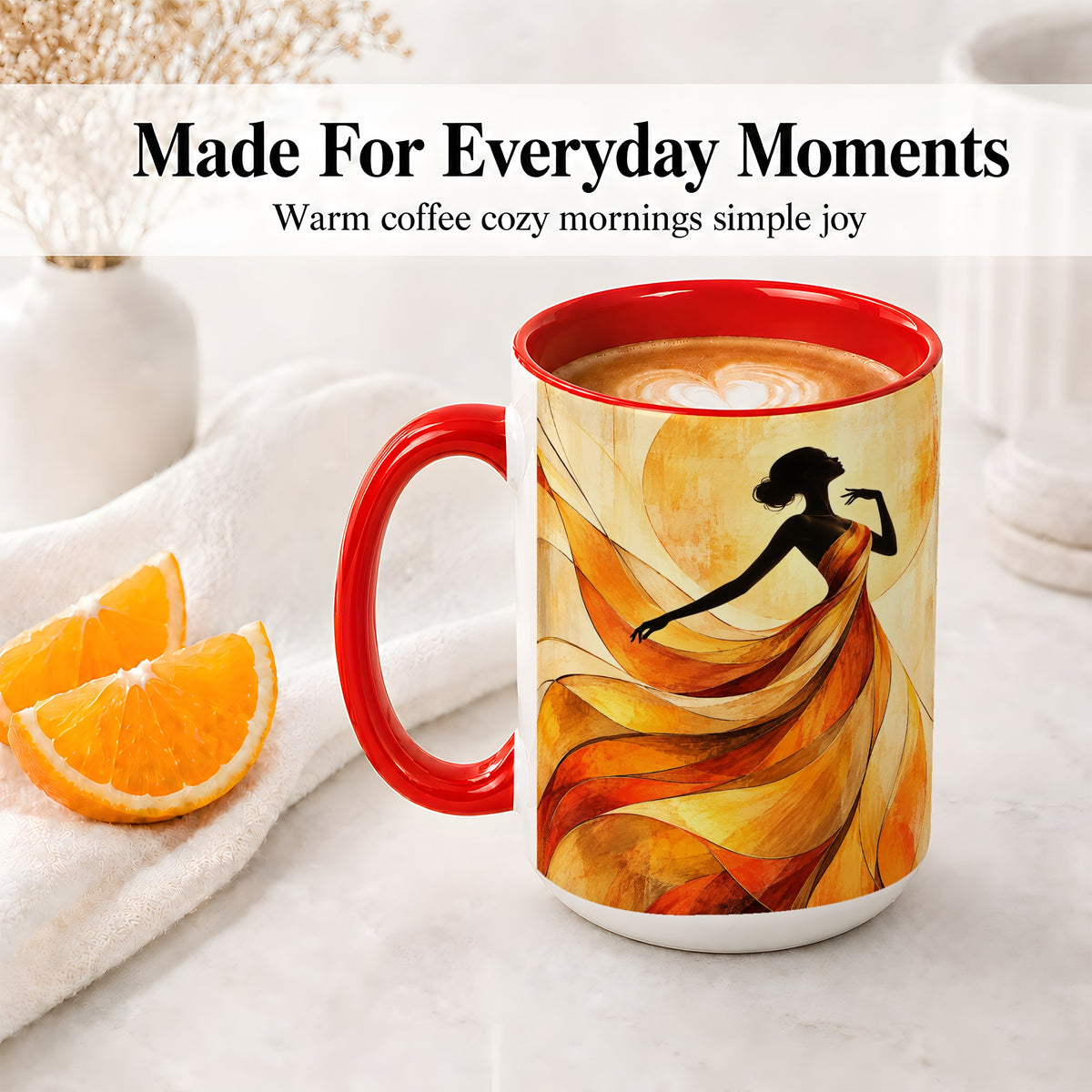 #pl[15oz|Red] Abstract Woman Accent Mug with Flowing Orange Dress Art for Coffee