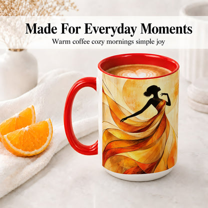 #pl[15oz|Red] Abstract Woman Accent Mug with Flowing Orange Dress Art for Coffee