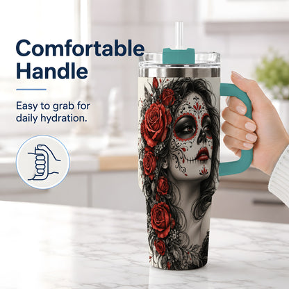 #pl[40oz|Green] Sugar Skull Rose 40oz Tumbler, Stainless Steel Drinkware for Daily Use