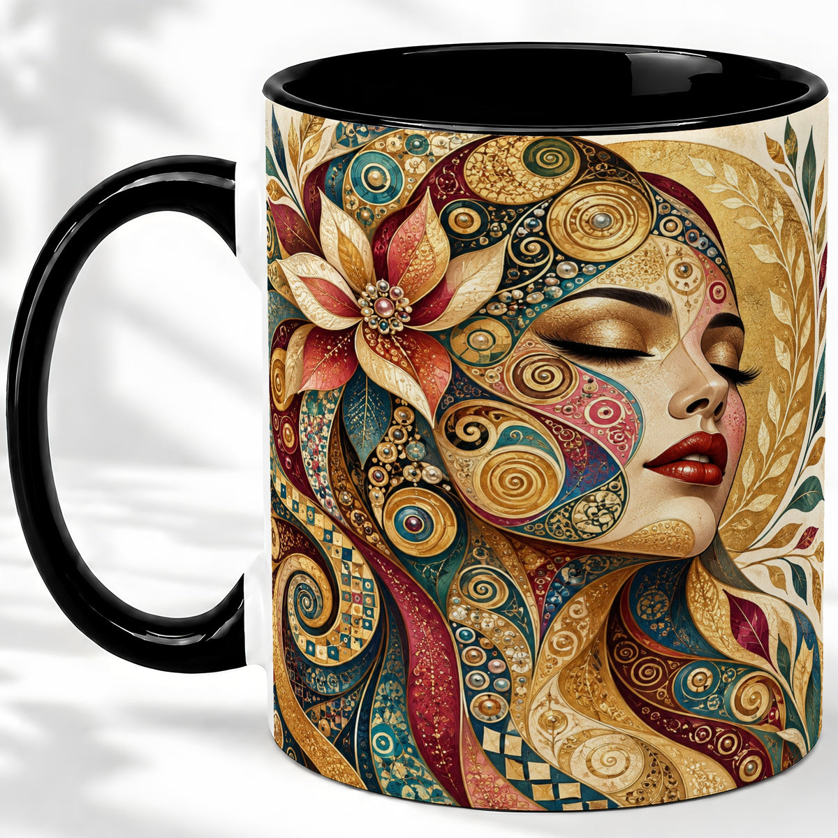 #pl[11oz|Black] Ornamental Woman Accent Mug with Mosaic Floral Portrait Artwork