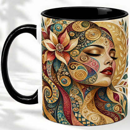 #pl[11oz|Black] Ornamental Woman Accent Mug with Mosaic Floral Portrait Artwork